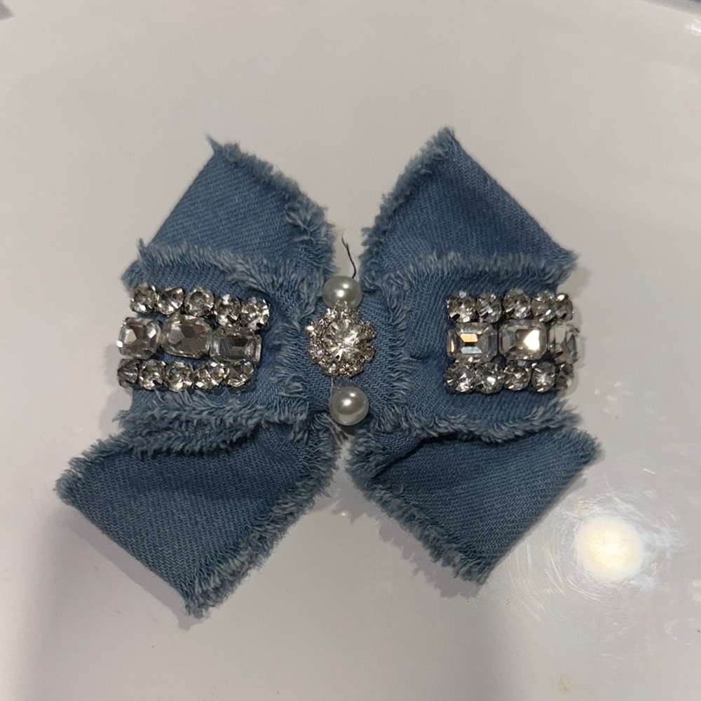 Denim Blue Bow Hair Clip with Rhinestones